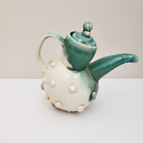 Hand Crafted Artisan Whimsical Pottery Teapot Teal Cream - Picture 5 of 12